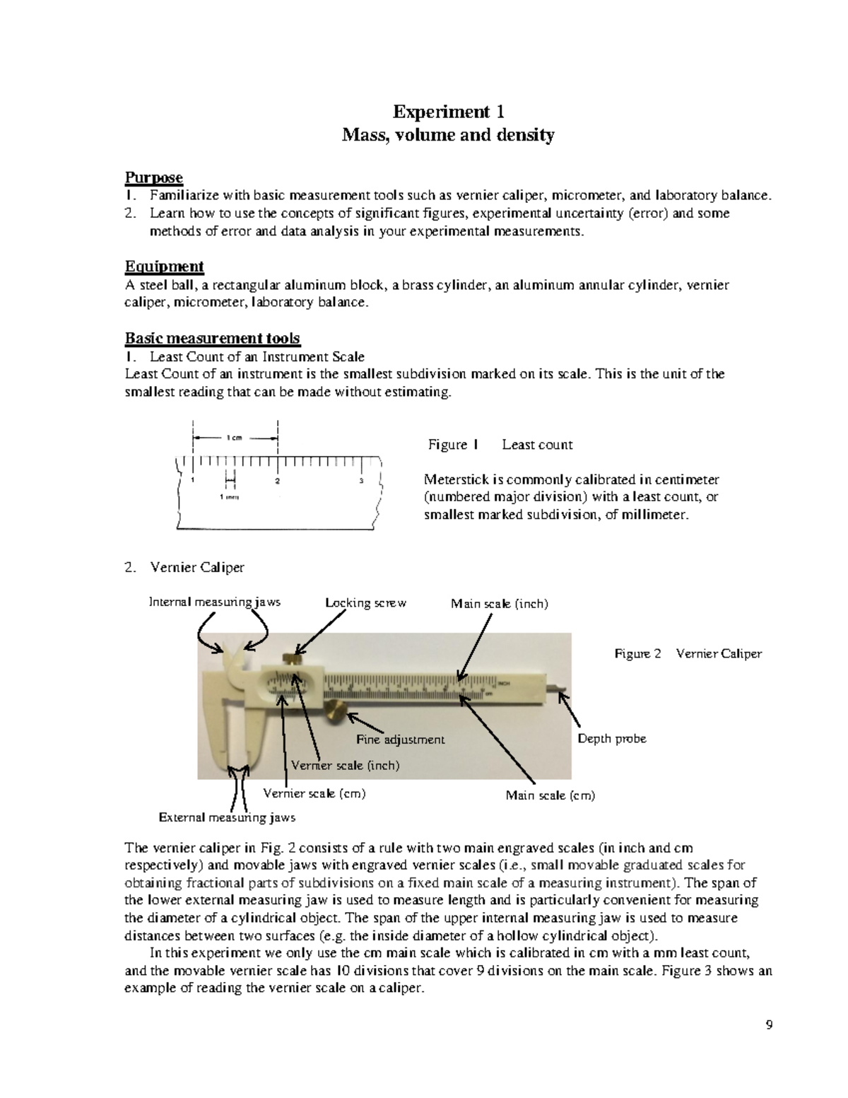Experiment 1 (PHY2048L lab manual) Experiment 1 Mass, volume and