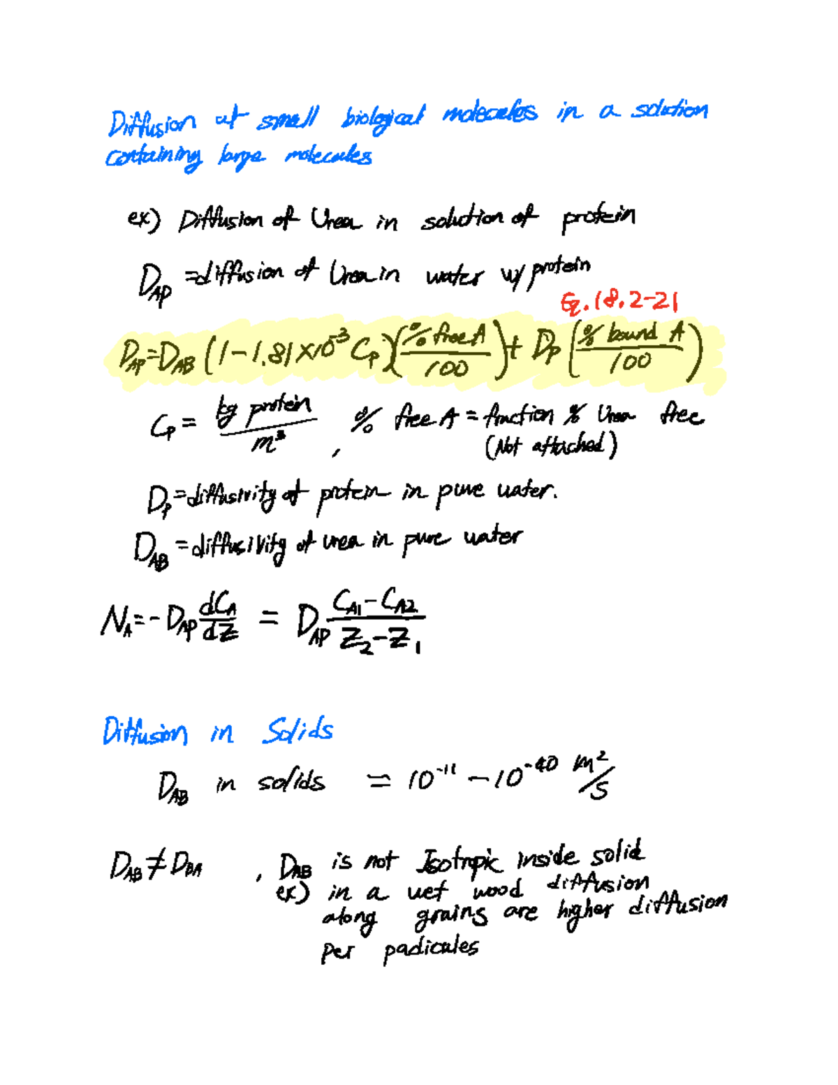 302-16 Prof Nader Notes - Diffusion at small biological molecules in a ...