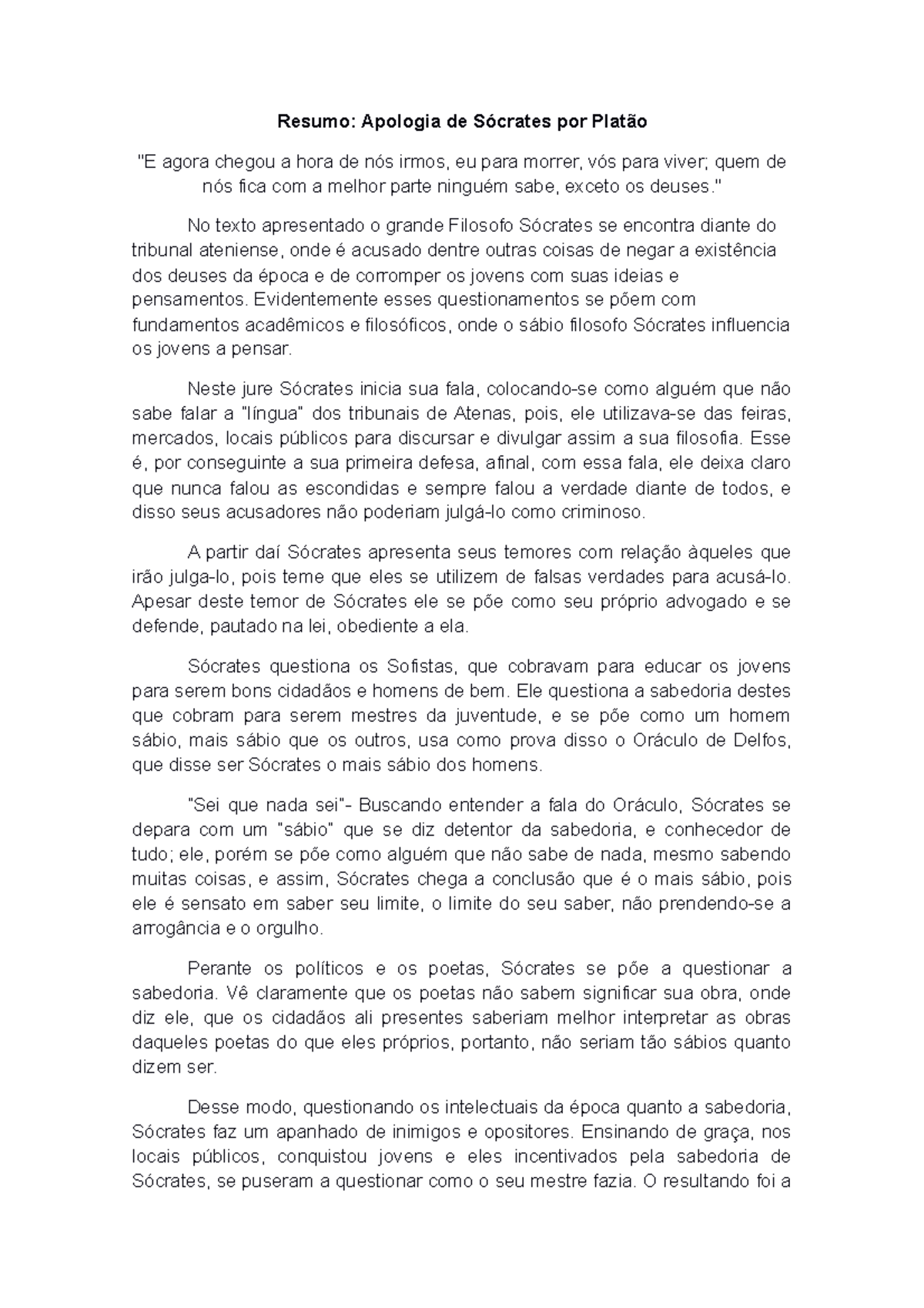 Resumo Apologia De Socrates Historia Da Filosofia Antiga Studocu