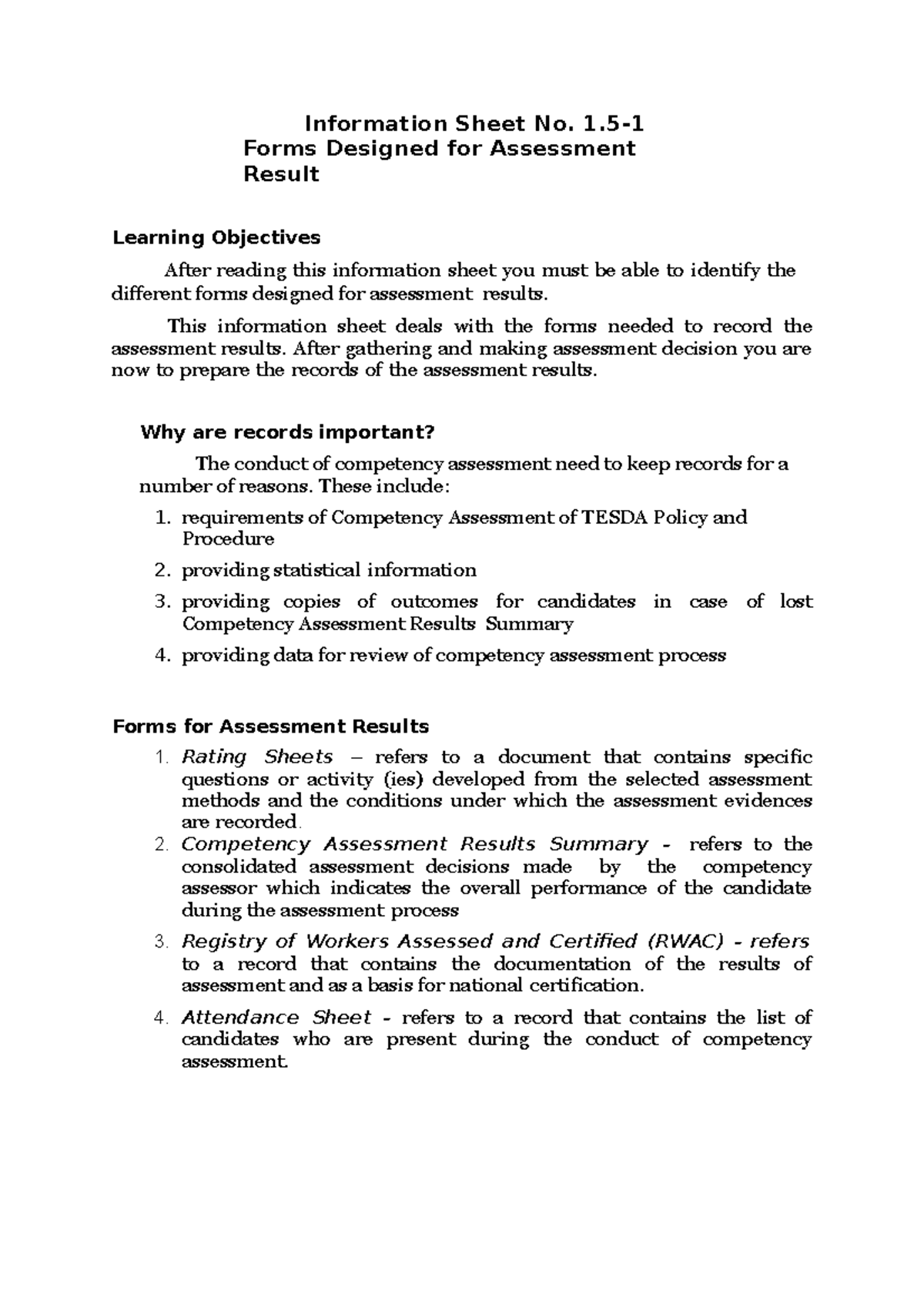 Forms Designed for Assessment Result Information Sheet No. 1 Forms
