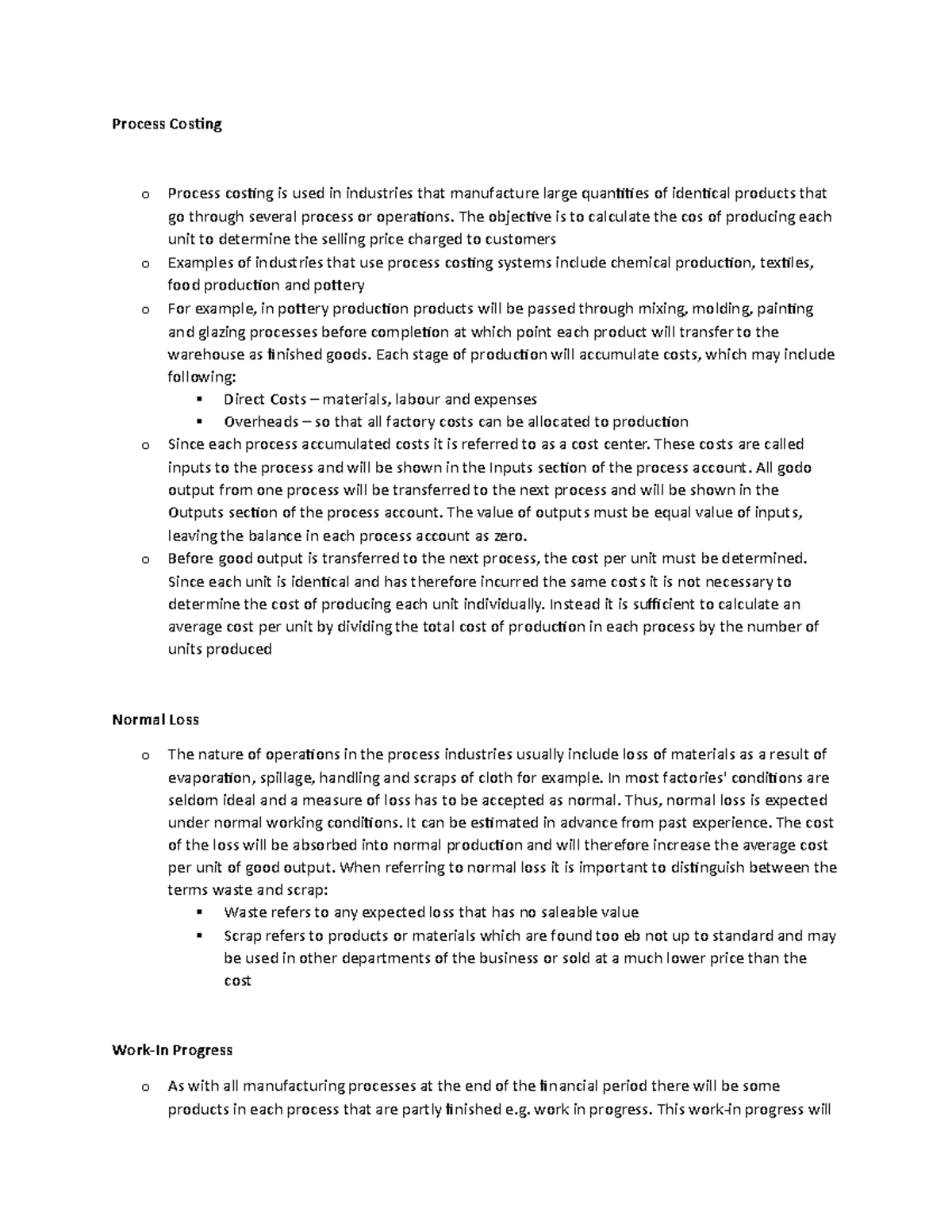 Process Costing Notes - Process Costing o Process costing is used in ...