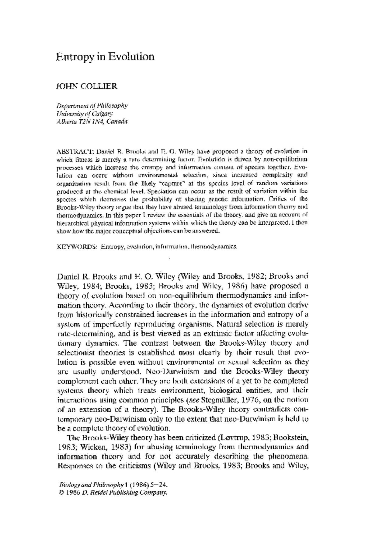 Entropy and evolution p1 entropy in evolution john collier department