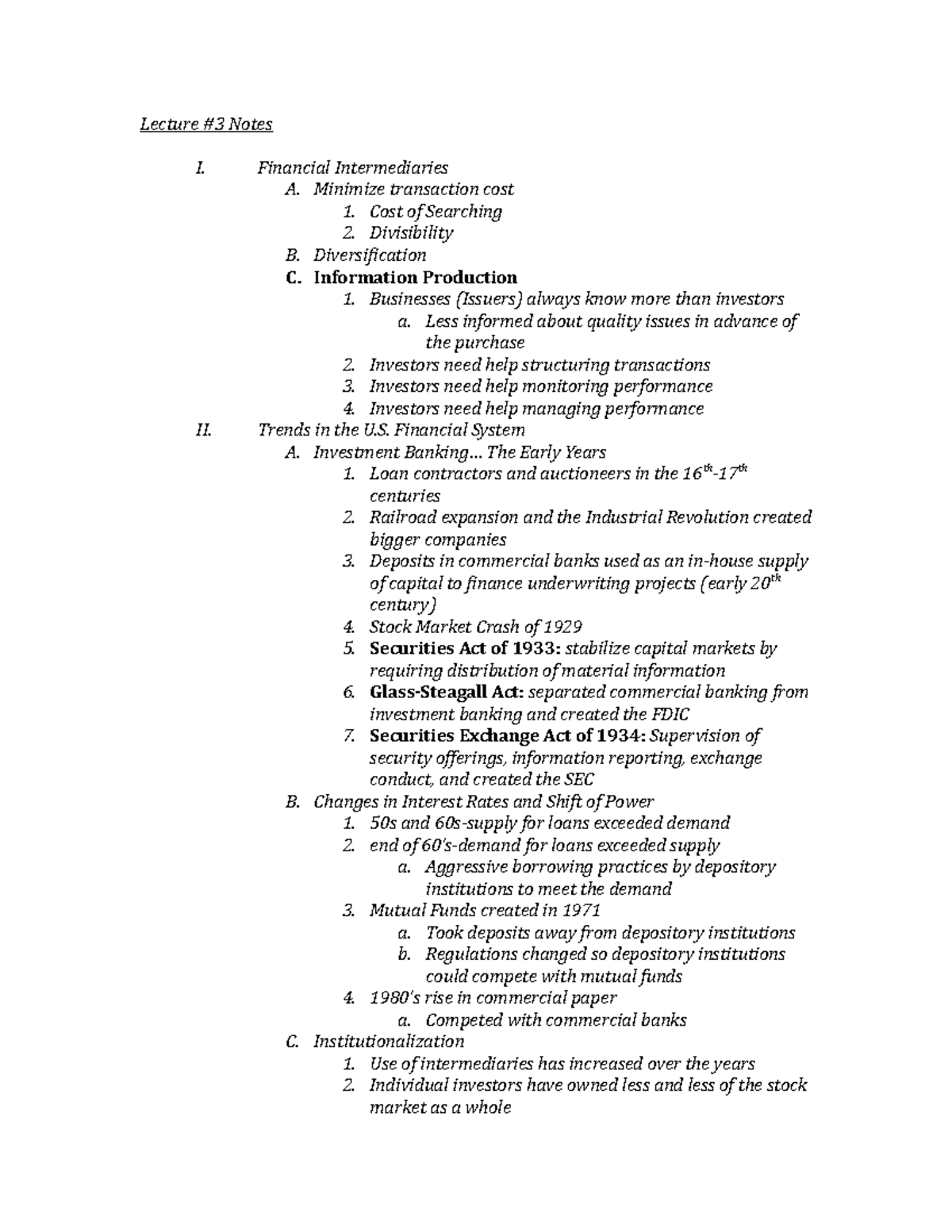 IB3 - Lecture Note 3 - Lecture #3 Notes I. Financial Intermediaries A ...