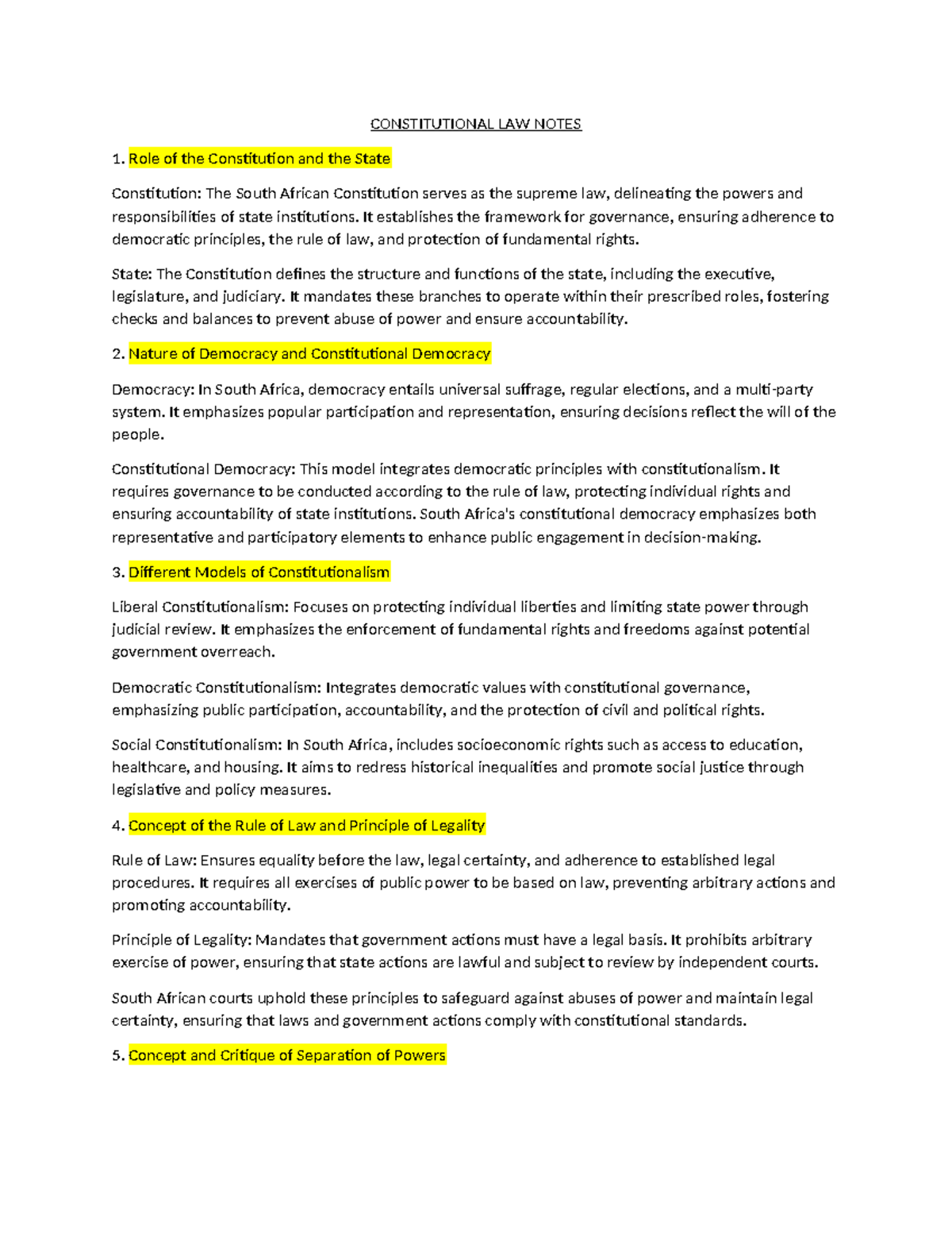 Constitutional LAW Notes - CONSTITUTIONAL LAW NOTES 1. Role of the ...