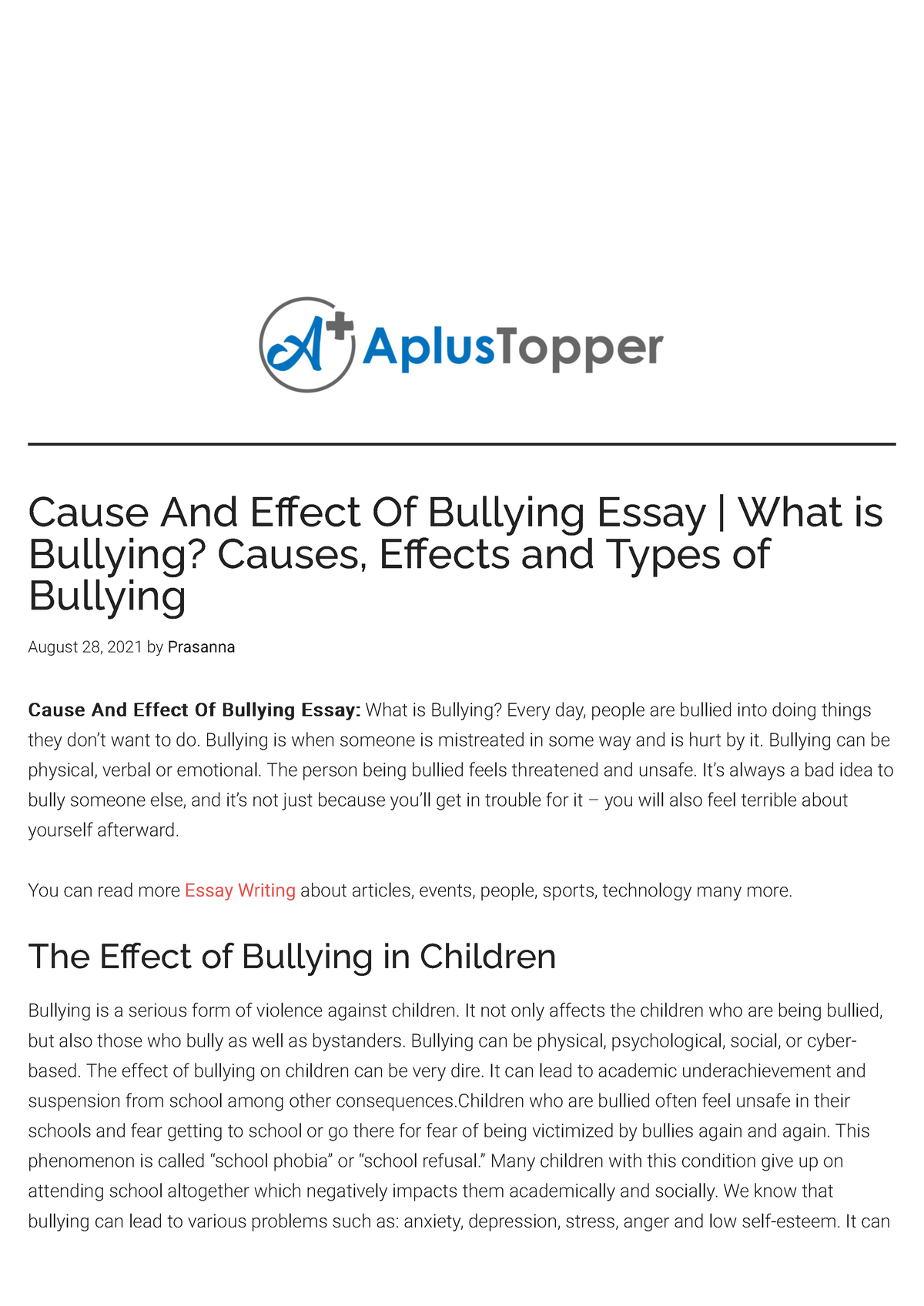 essay about causes and effects of bullying