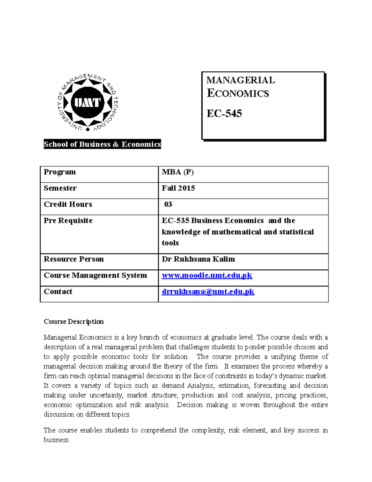 Managerial Economics - Lecture Notes 1-9 - School Of Business ...