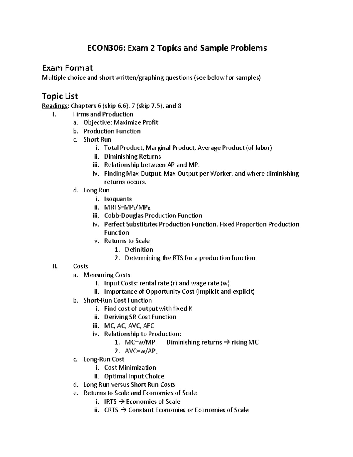 Exam 2 Topics And Sample Problems - ECON306: Exam 2 Topics And Sample ...