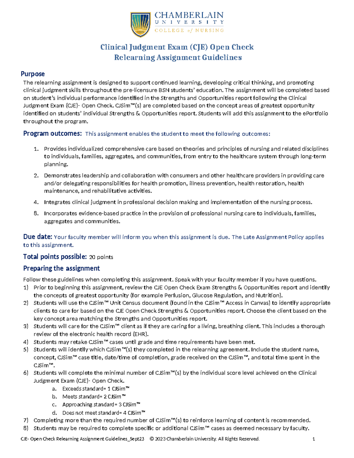 CJE Open Check Relearning Assignment - Clinical Judgment Exam (CJE ...