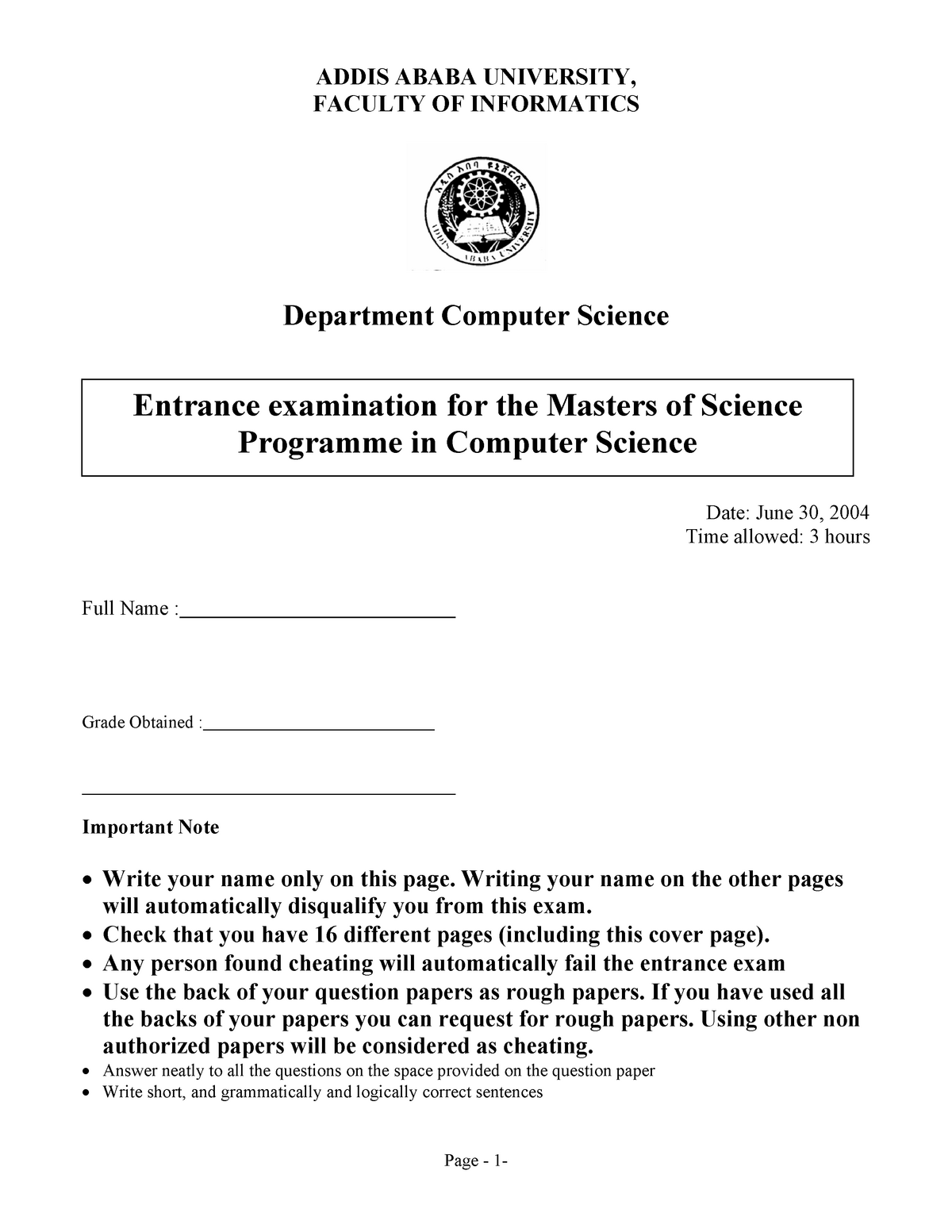 msc-entrance-exam-addis-ababa-university-faculty-of-informatics