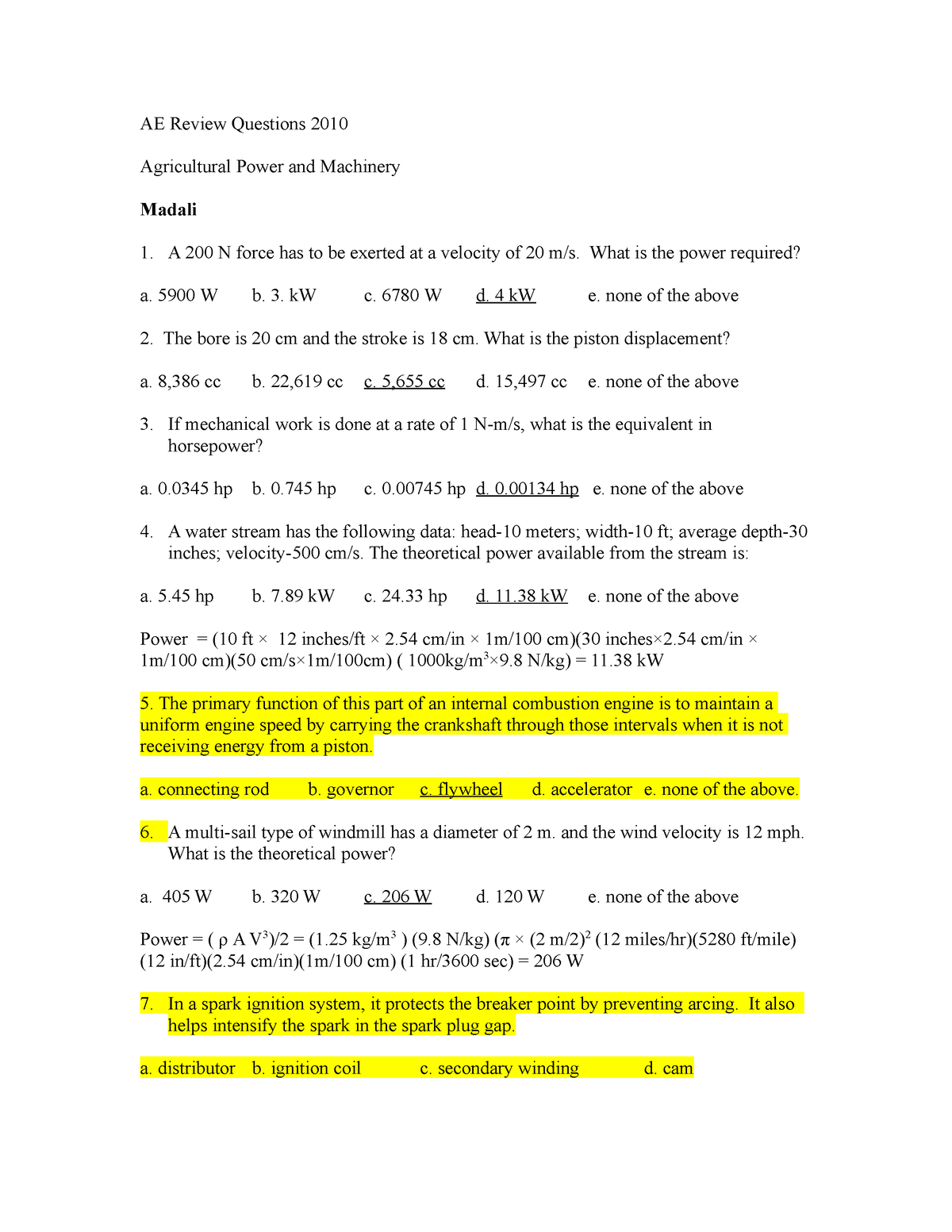 9Questions 2010 - questions for farm power - AE Review Questions 2010 ...