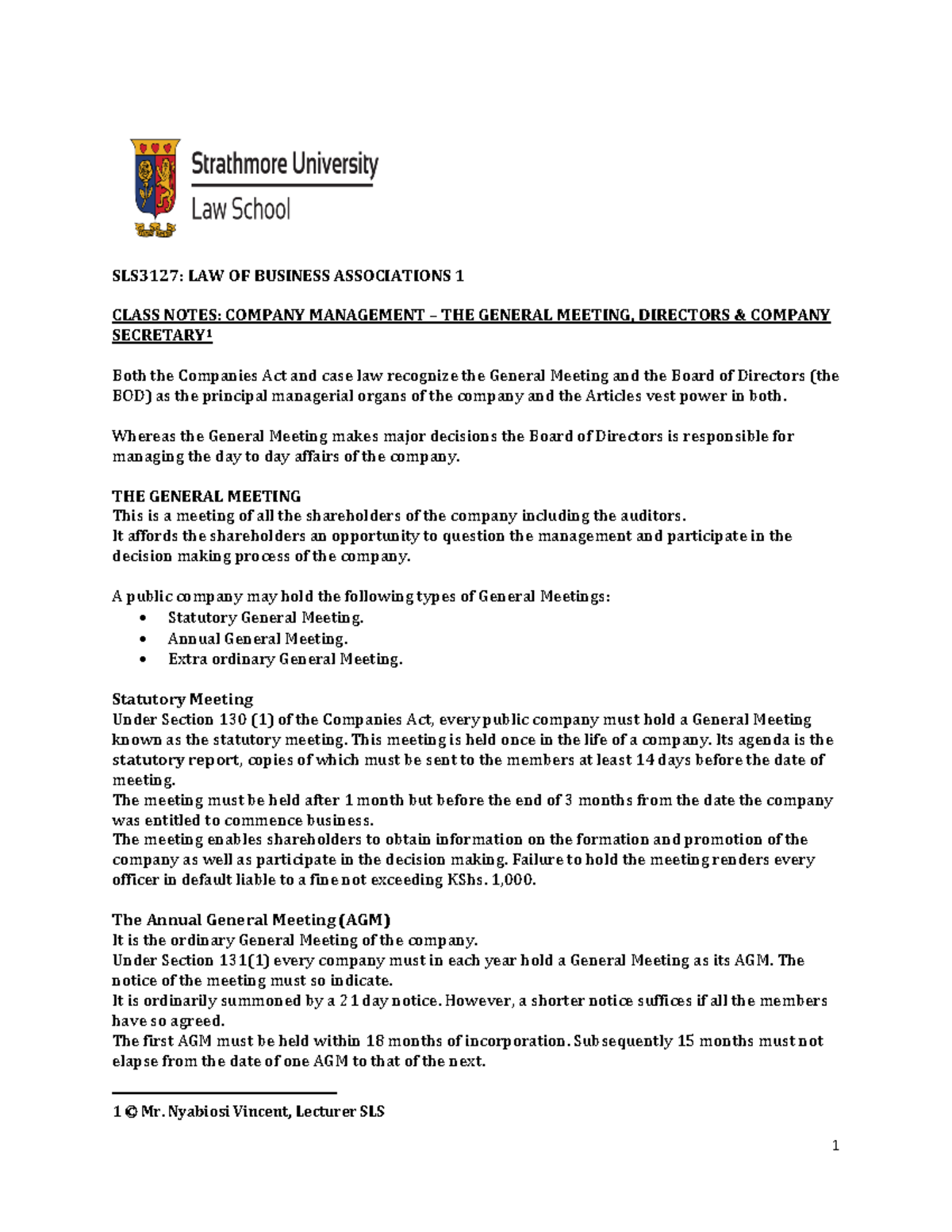 Chapter 9 - Company Management - SLS3127: LAW OF BUSINESS ASSOCIATIONS ...