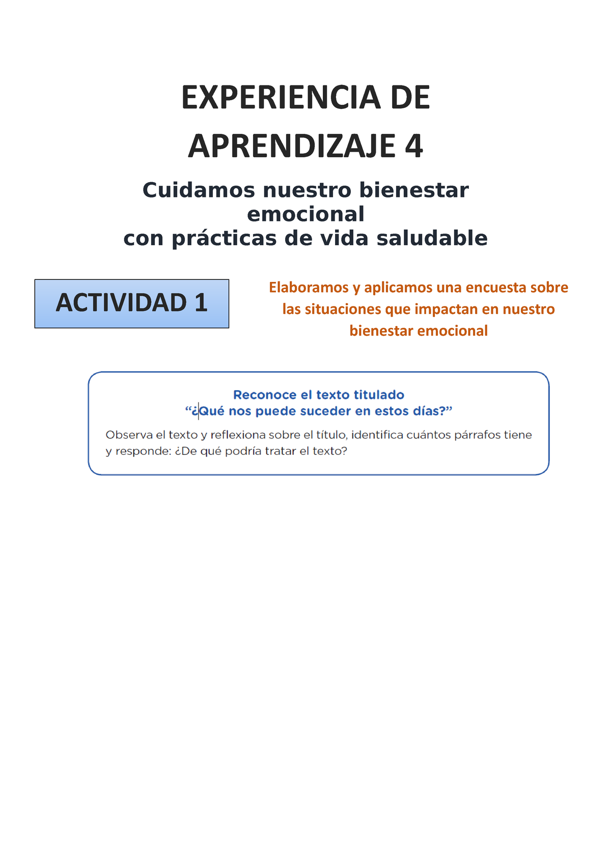 Experiencia DE Aprendizaje 4 - EXPERIENCIA DE APRENDIZAJE 4 Cuidamos ...