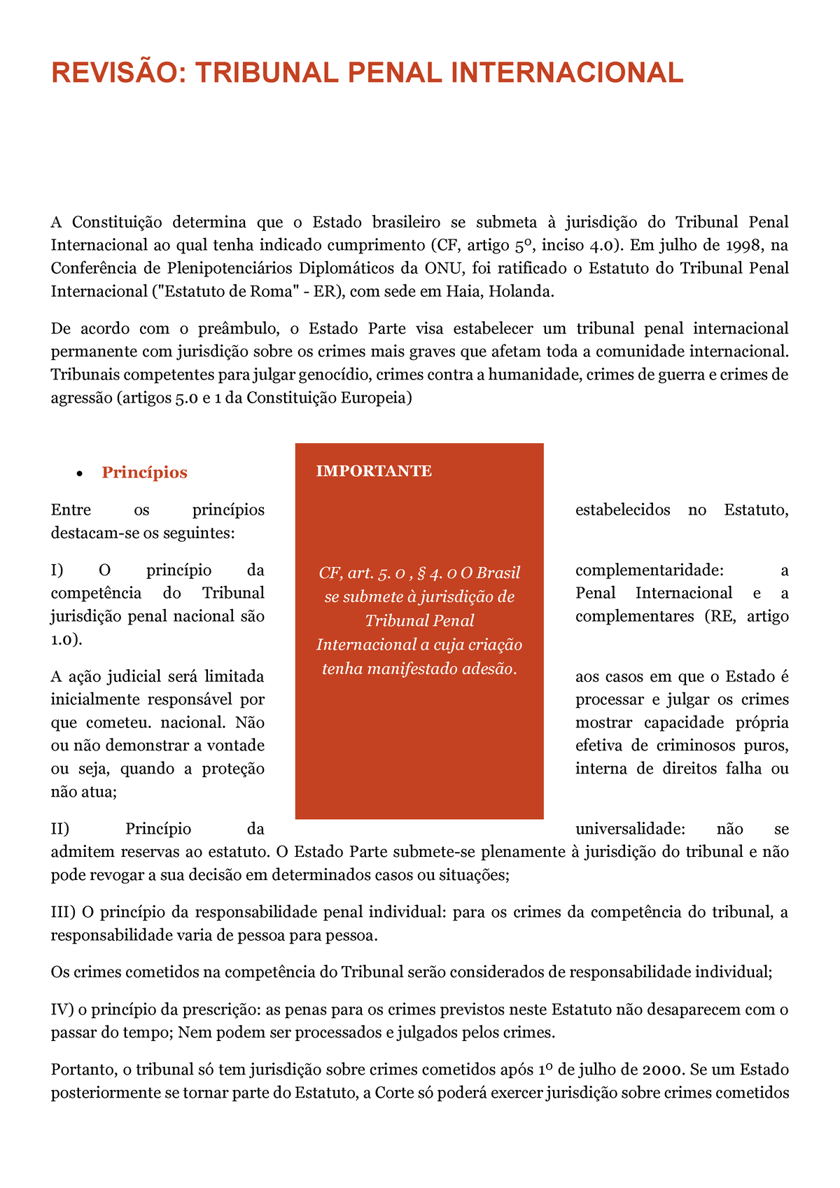 Revisão sobre o Tribunal penal internacional. - REVISÃO: TRIBUNAL PENAL