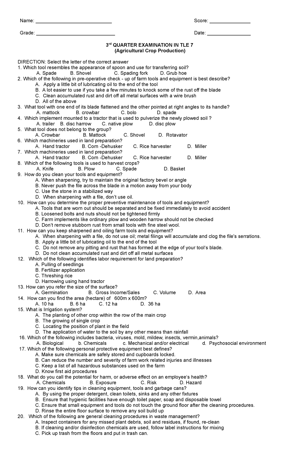 AGRI CROP EXAM 3rd grading - Name: ____________________________ Score ...