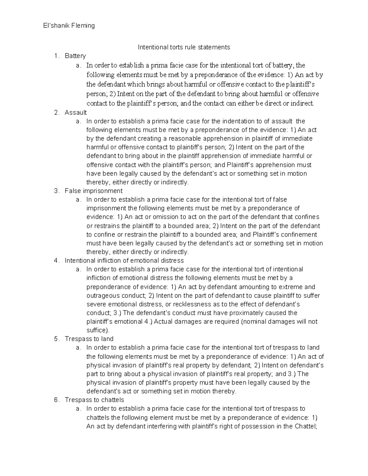 Intentional torts rule statements - El’shanik Fleming Intentional torts ...