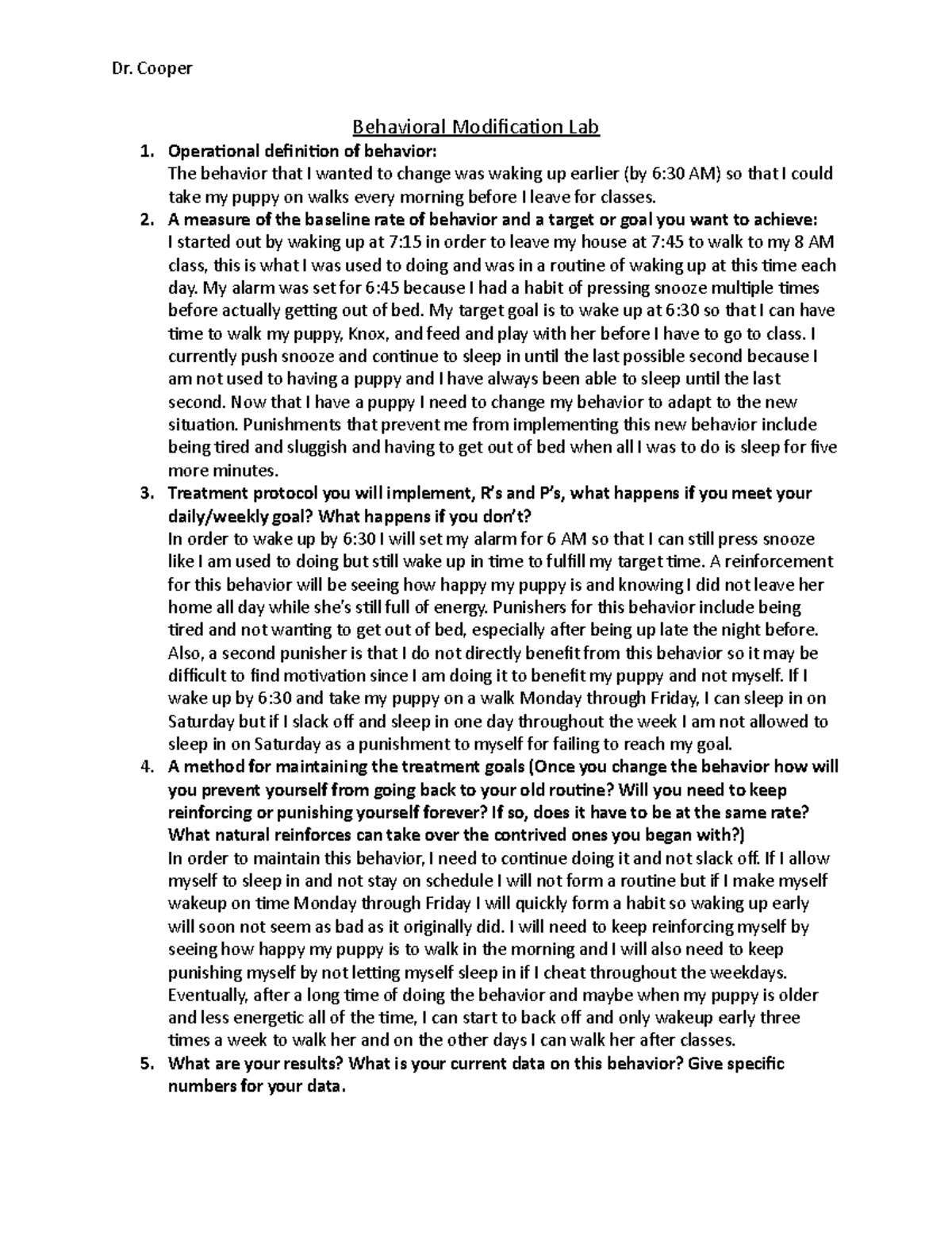 Behavioral mod lab Dr. Cooper Behavioral Modification Lab Operational