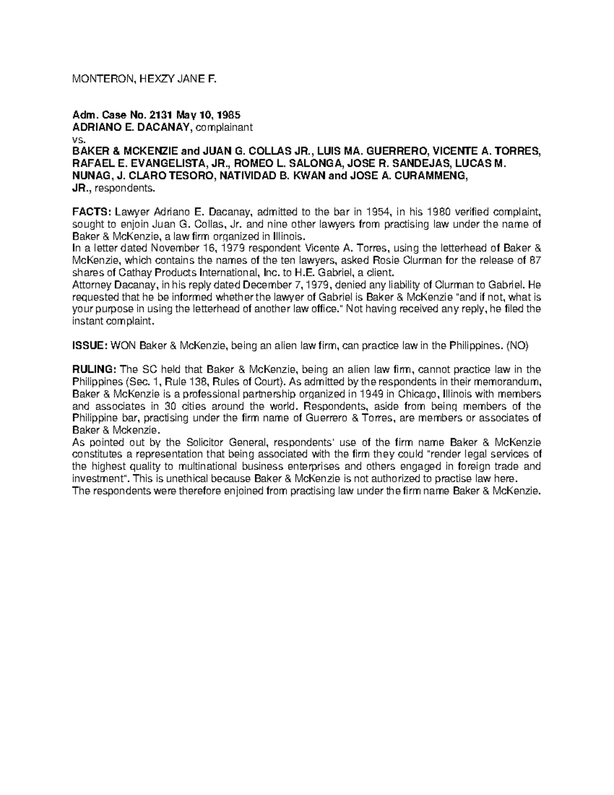 7 Dacanay Vs. Baker Mckenzie Adm. Case No. 2131 May 10, 1985 - MONTERON ...