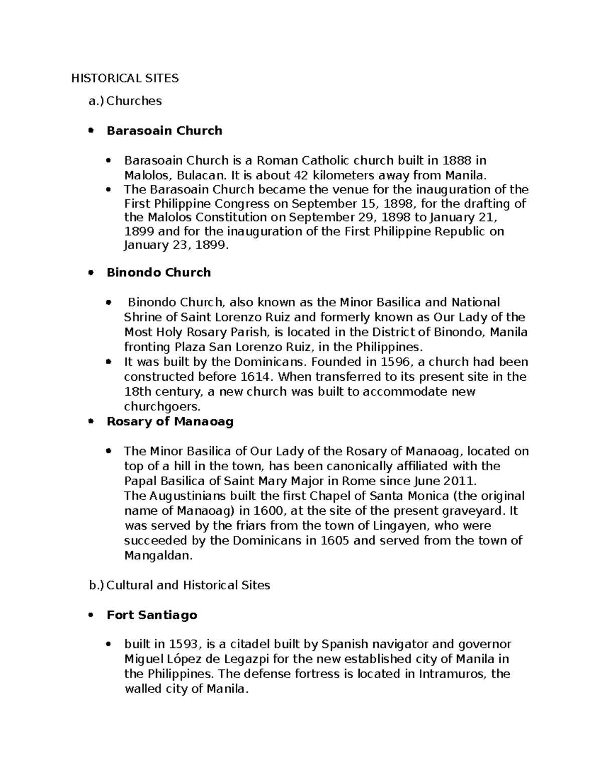 Historical Sites (GE102) - HISTORICAL SITES a.) Churches Barasoain ...