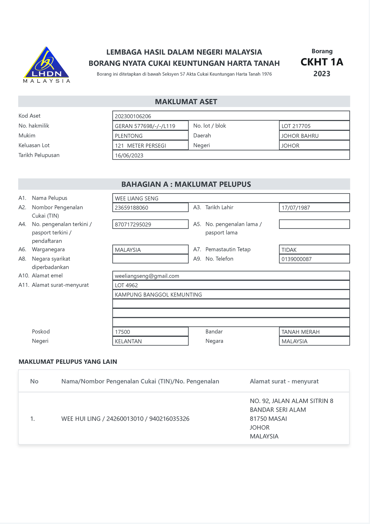 Borang CKHT 1A Form CKHT 1A for seller LEMBAGA HASIL DALAM NEGERI