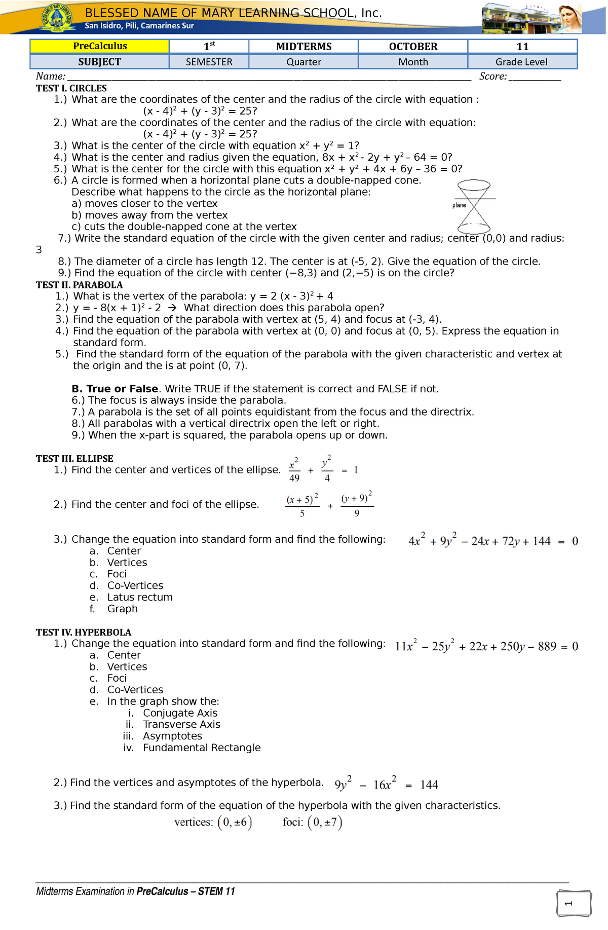 Pre Calculus - Midterm EXAM EXAMINATION - 1 PreCalculus 1 St MIDTERMS ...