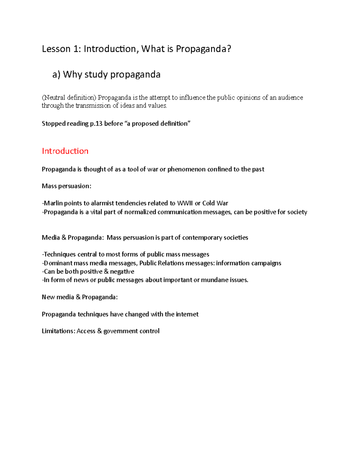 Lesson 1 Lesson 1 Introduction, What is Propaganda? a) Why study