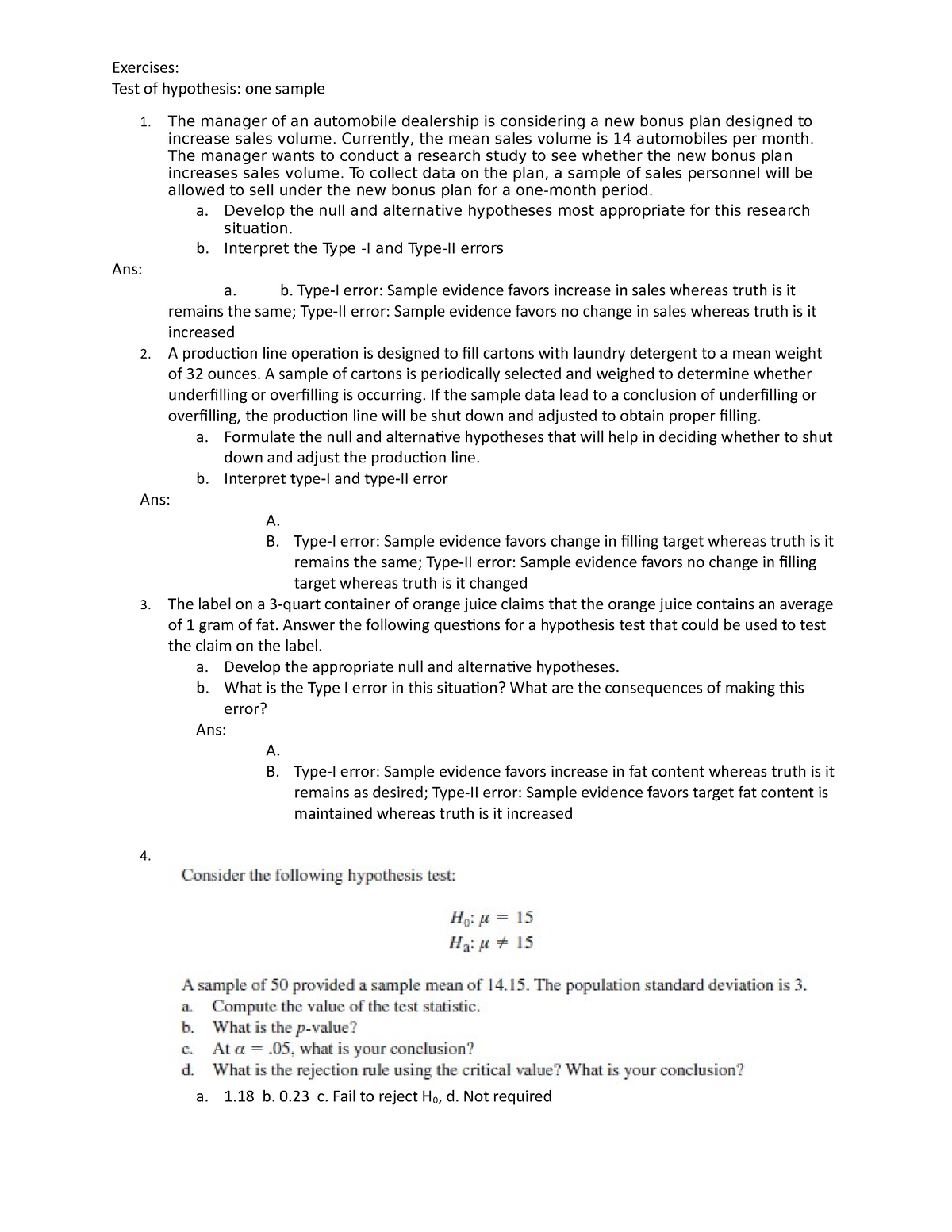 hypothesis test exercises