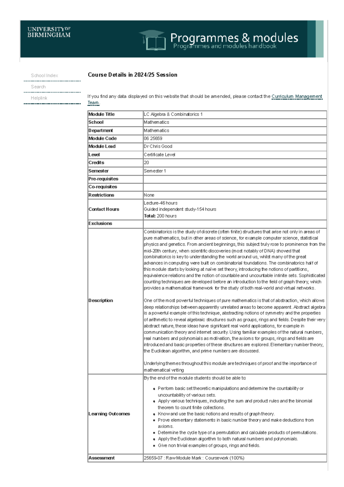 Programmes and Modules - Course Details - School Index Search Helplink ...