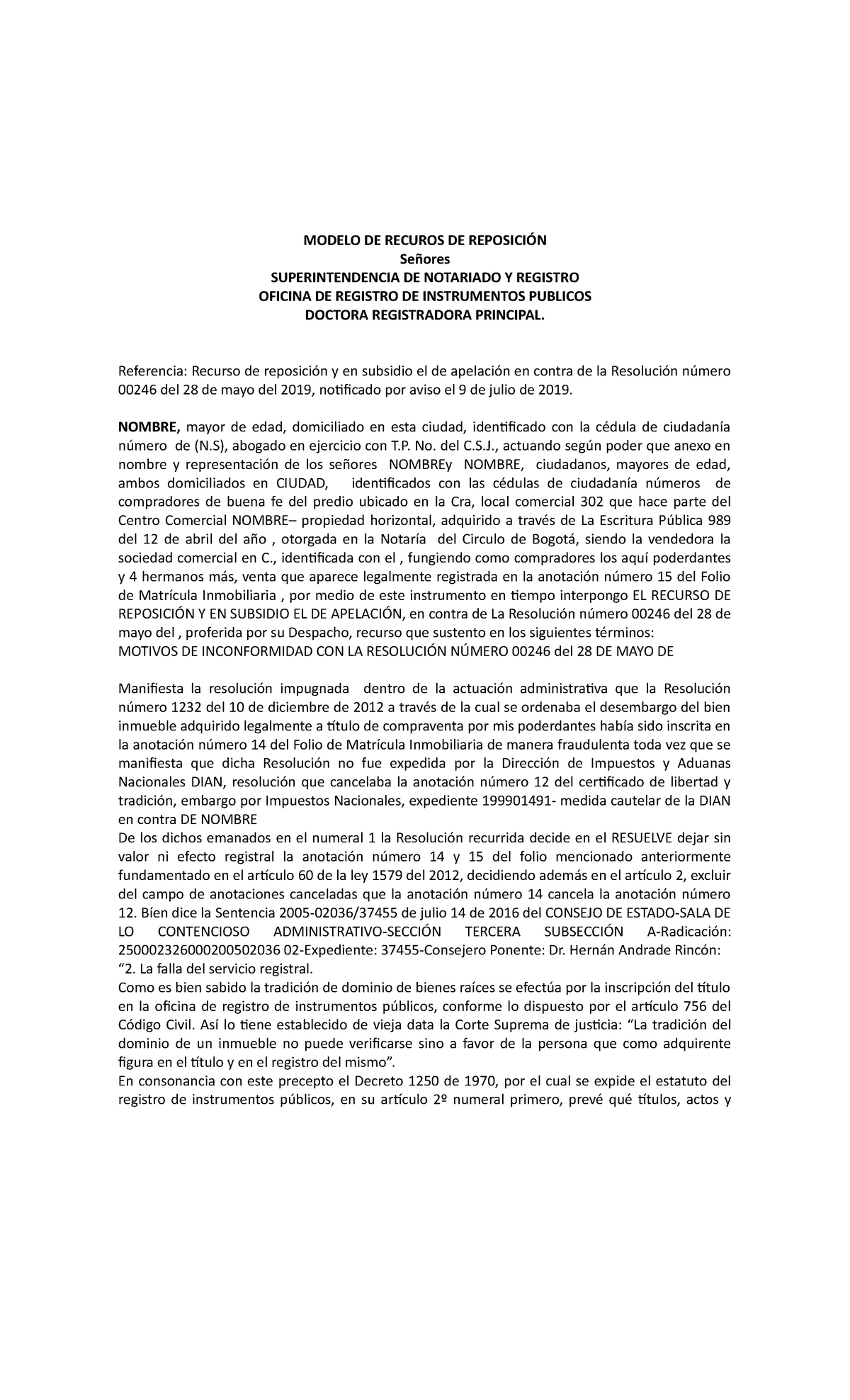 Recurso DE Reposición Y EN Subsidio Apelación - MODELO DE RECUROS DE  SUPERINTENDENCIA DE NOTARIADO Y - Studocu