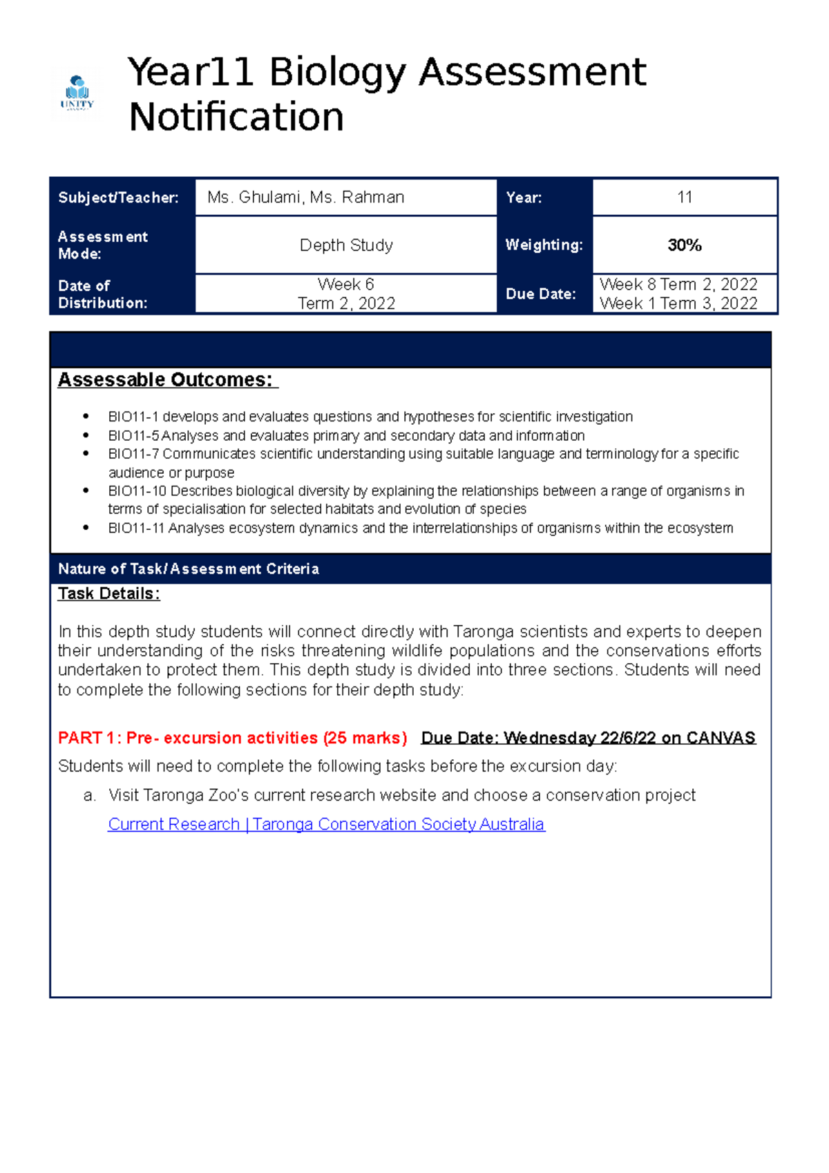 AT2 -Biology Depth Study Notification 2022 - Notification Subject ...