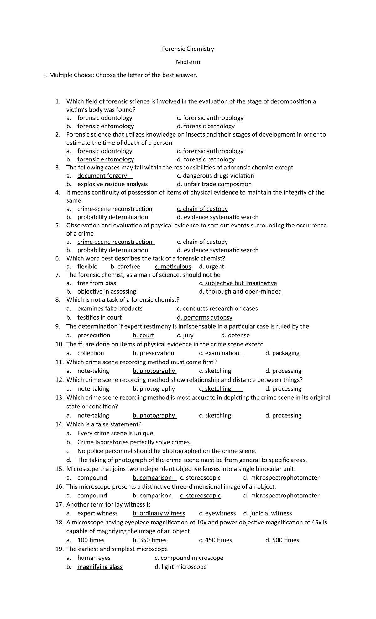 Forensic Chemistry - Forensic Chemistry Midterm I. Multiple Choice ...