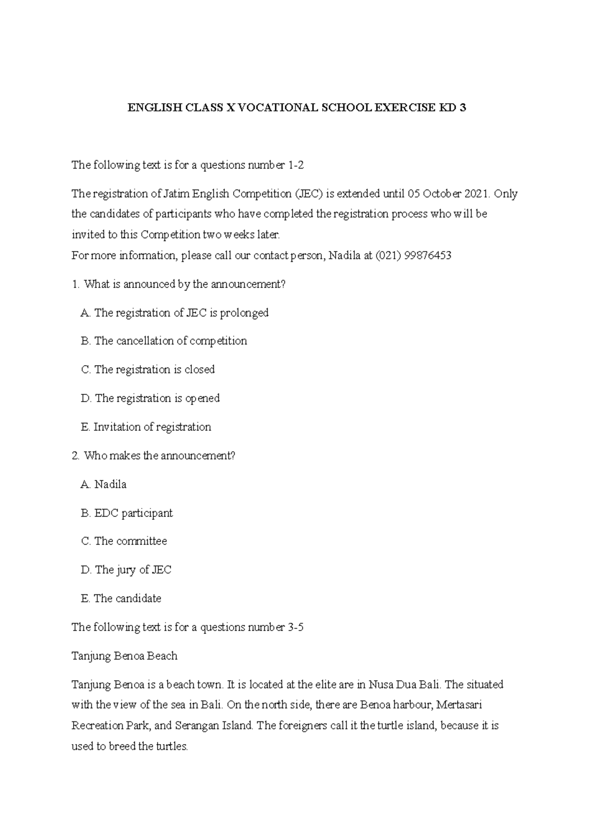 English Class X Vocational School Exercise KD 3 - ENGLISH CLASS X ...