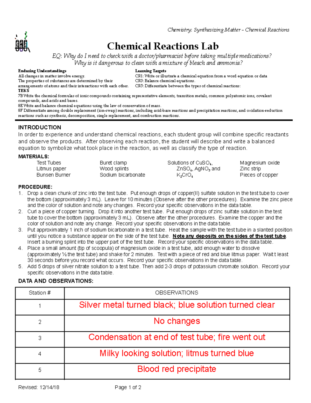 - Reaction Lab Data - Chemistry: Synthesizing Matter - Chemical ...