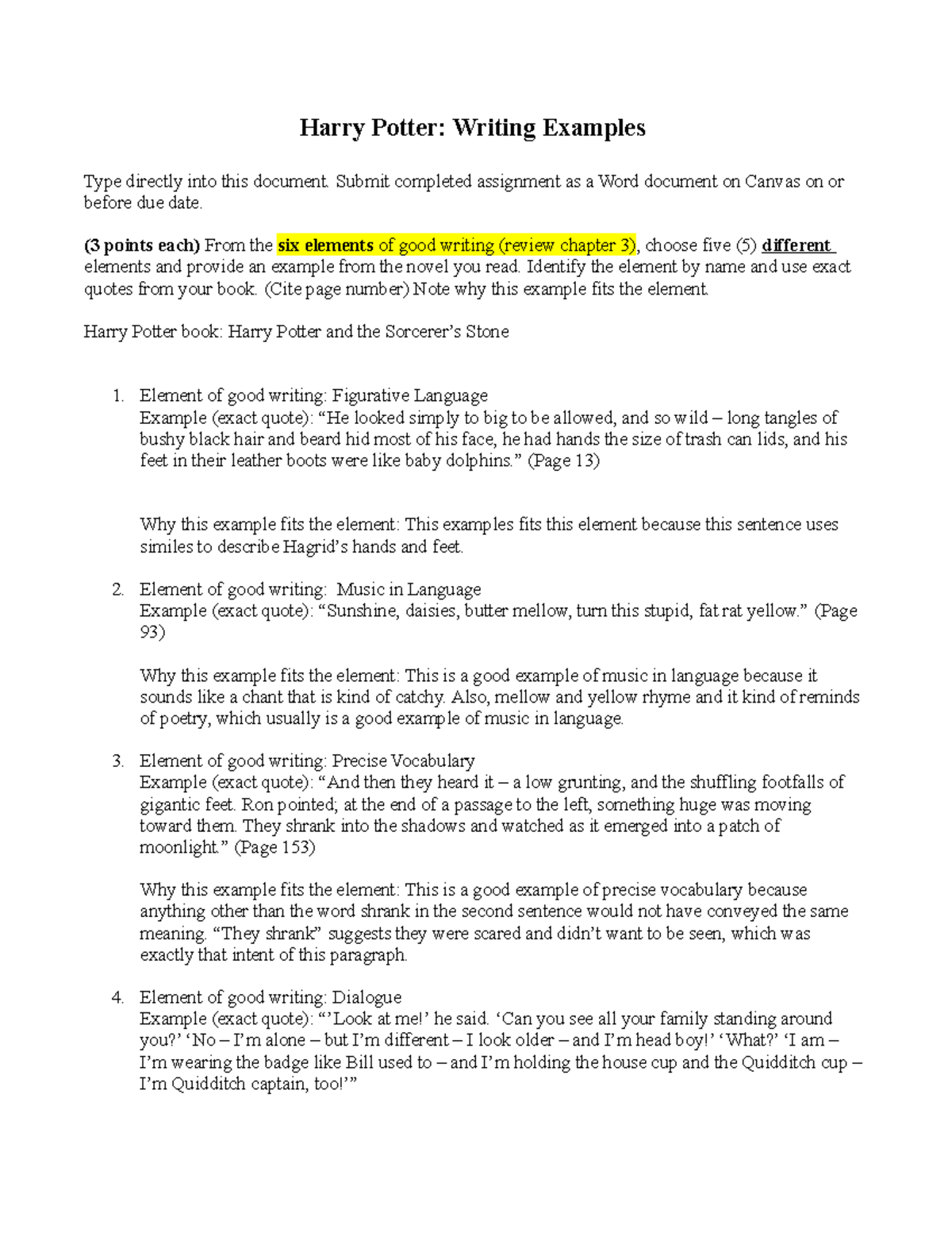 Harry Potter 5 Writing Examples Harry Potter Writing Examples Type