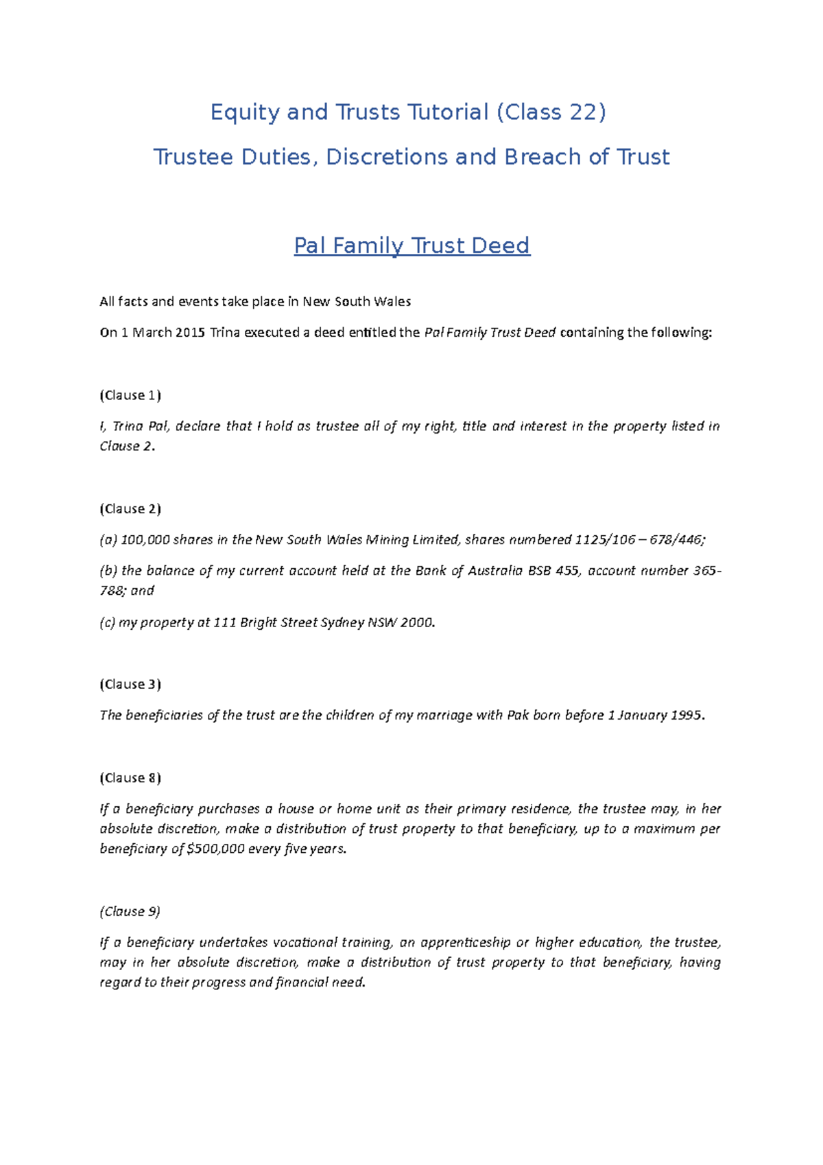 CL 22 Tutorial Trustee Duties, Discretions and Breach (Student Version ...