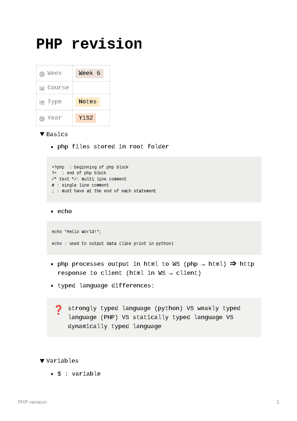 PHP revision PHP revision Week Week 5 Course Type Notes Year Y1S