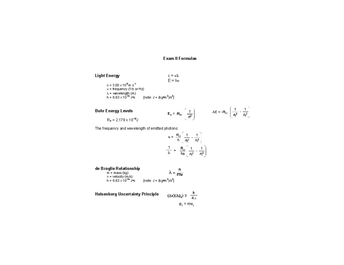 Chemistry Notes - Exam II Formulas Light Energy c = νλ E = hν c = 3 x ...