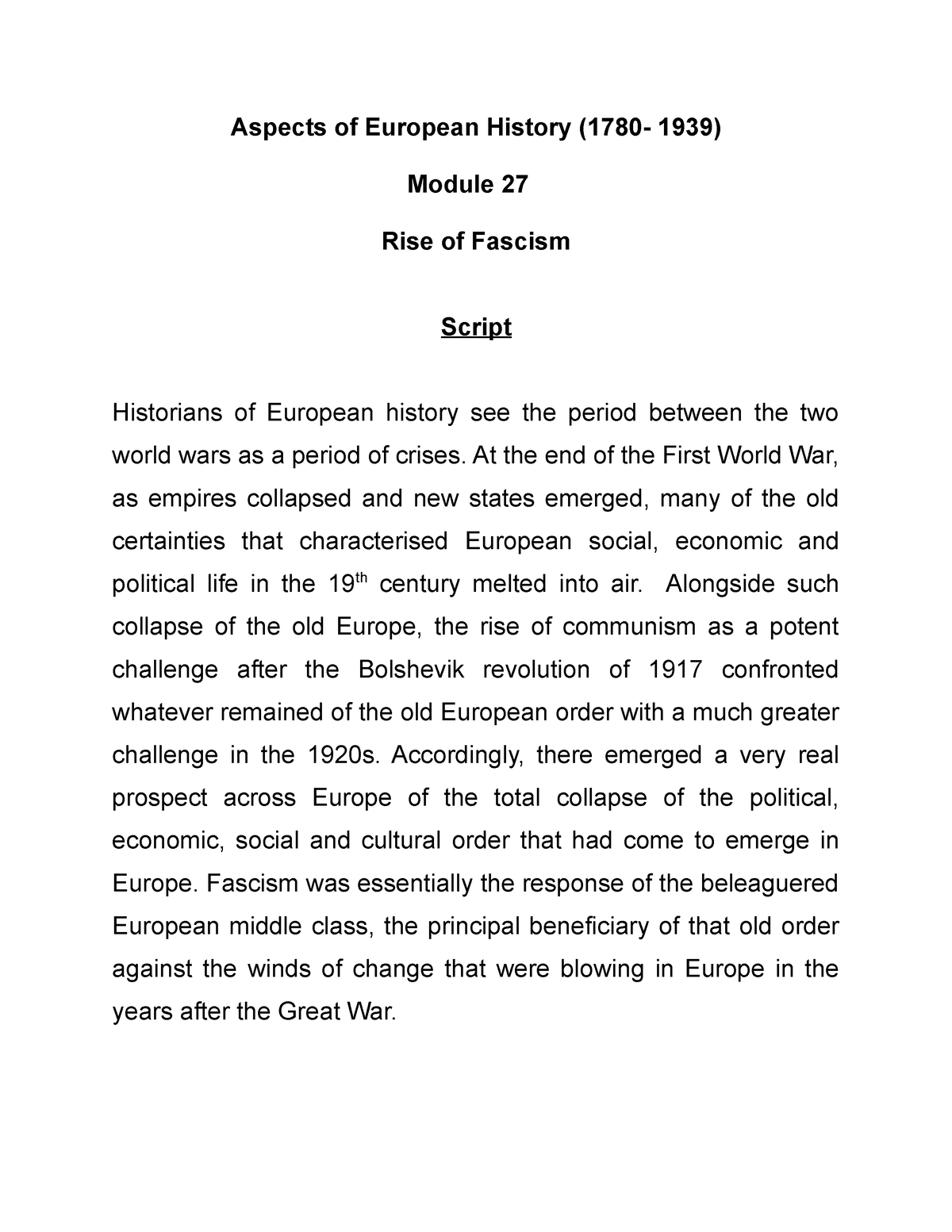 Module 27 Rise Of Fascism - Aspects Of European History (1780- 1939 ...