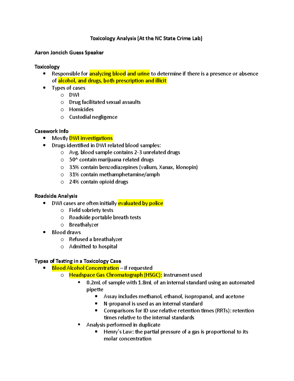 Toxicology Analysis Guess Speaker Lecture Notes Toxicology Analysis