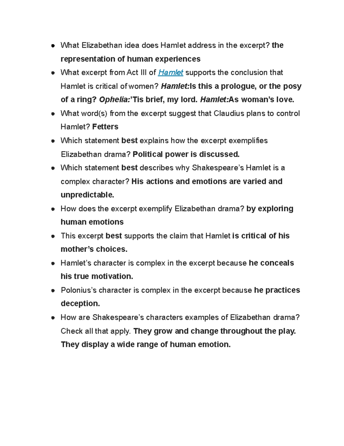 Hamlet, Part 5 Characteristics of Elizabethan Drama Quiz What