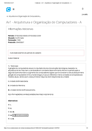 Colaborar - Av2 - Arquitetura E Organização De Computadores - A - - Studocu