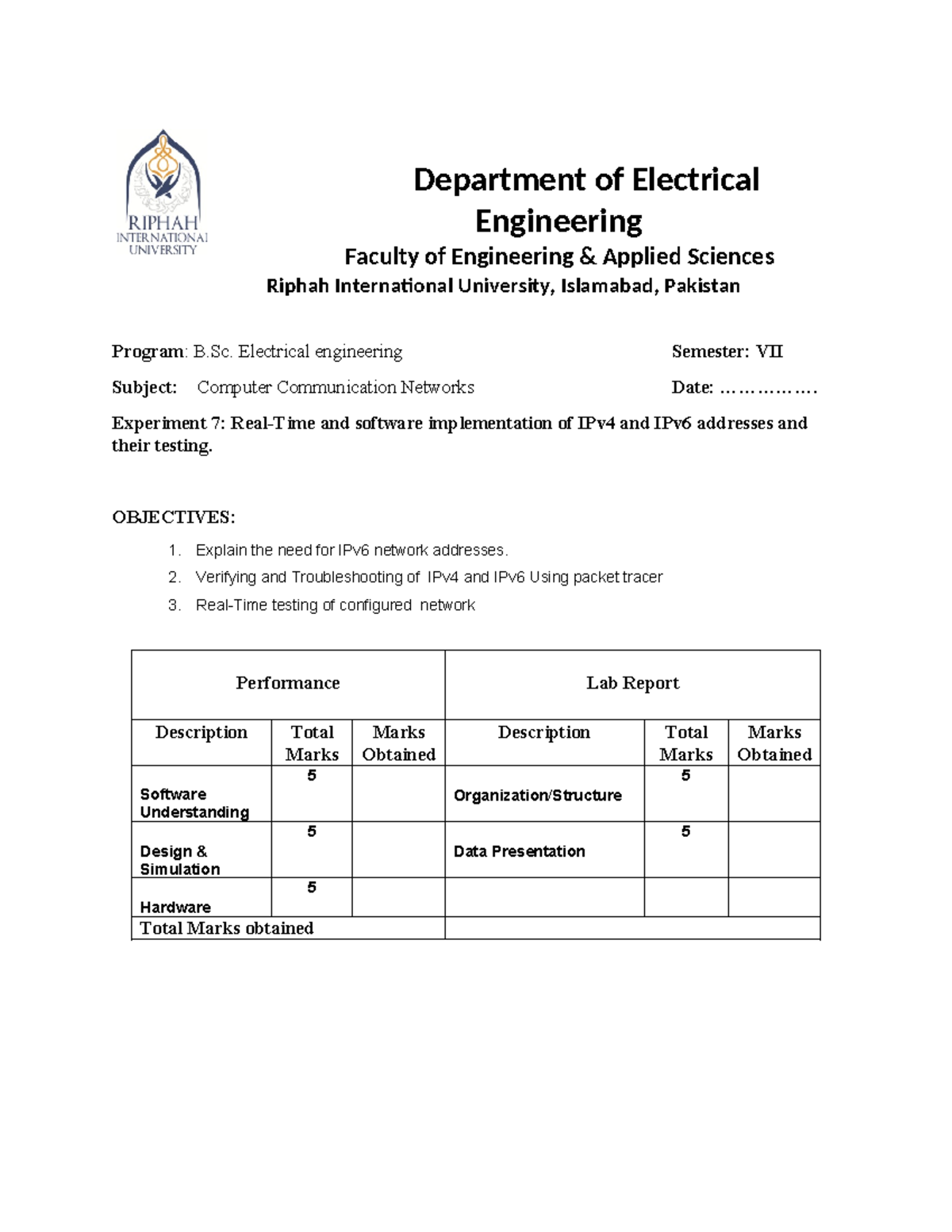 Lab 7 - Lab Report - Department Of Electrical Engineering Faculty Of ...