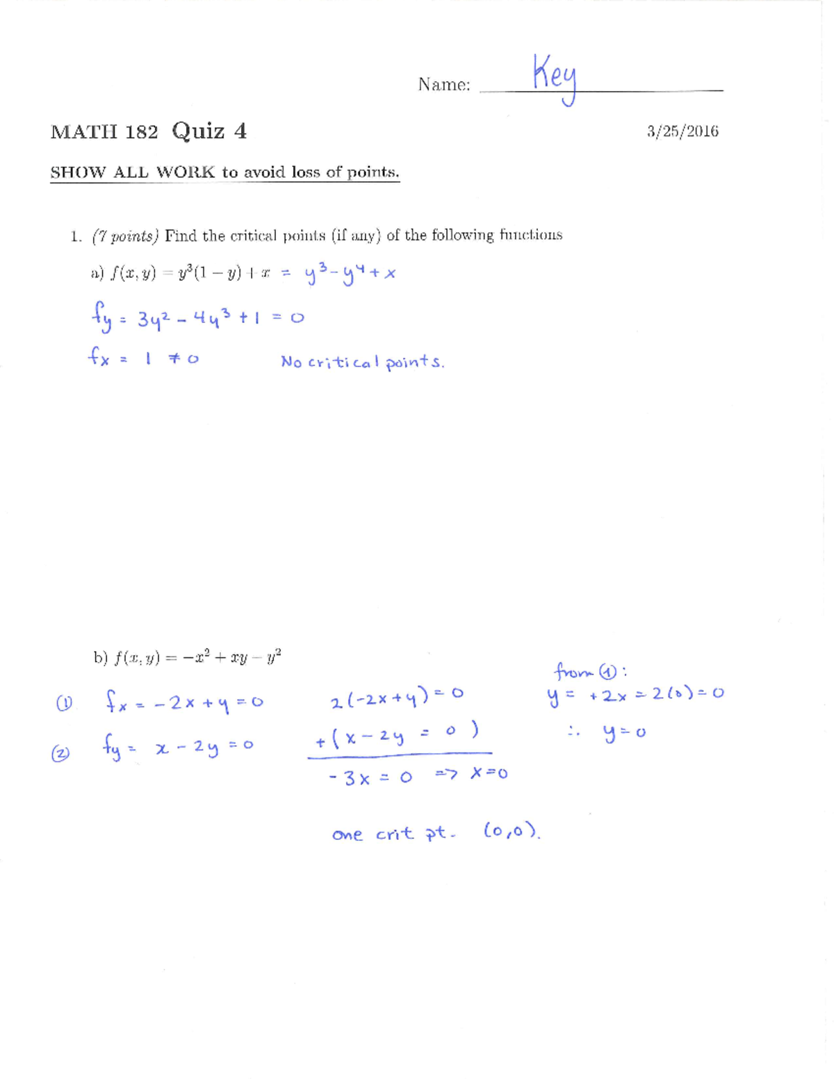 Quiz 3 solutions - MATH 182 - Studocu