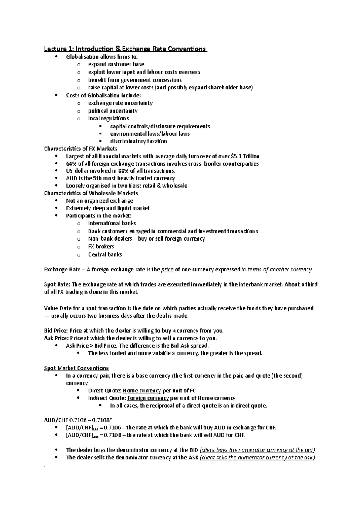 FINM3403 Lecture Notes - Lecture 1: Introduction & Exchange Rate ...