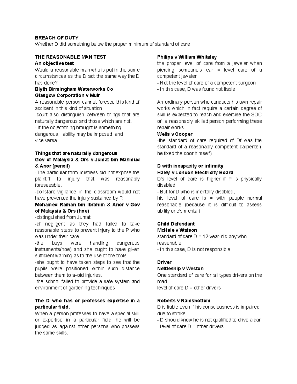 TORT Breach OF DUTY Notes - BREACH OF DUTY Whether D did something ...
