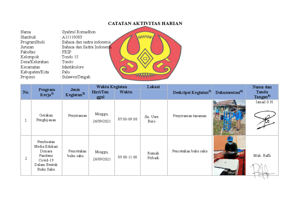 Laporan Harian KKN H+10 - CATATAN AKTIVITAS HARIAN Nama : Syahrul ...