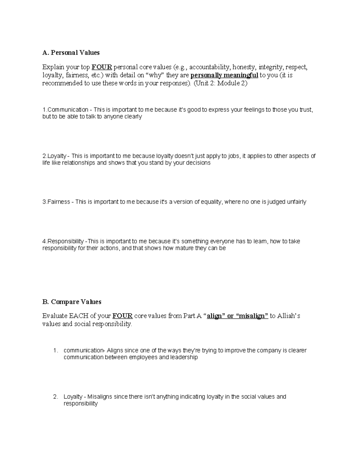 Task 2 - task - A. Personal Values Explain your top FOUR personal core ...