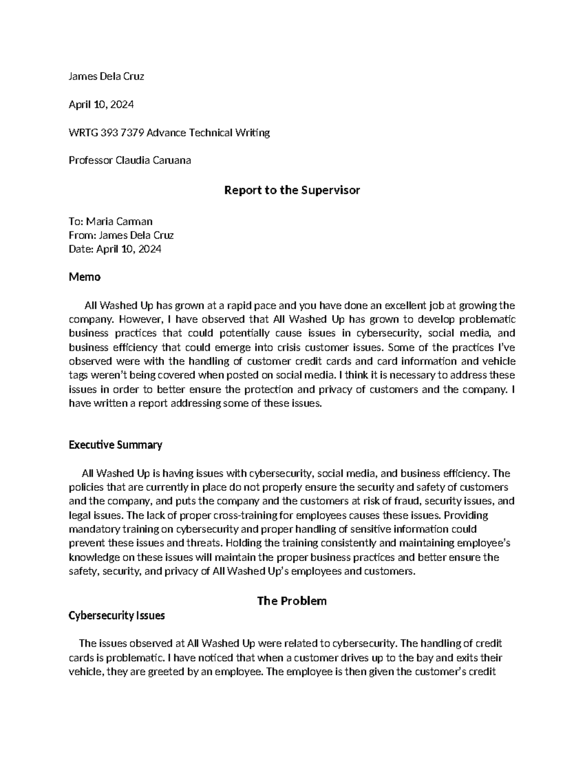 Report to the Supervisor - James Dela Cruz April 10, 2024 WRTG 393 7379 ...
