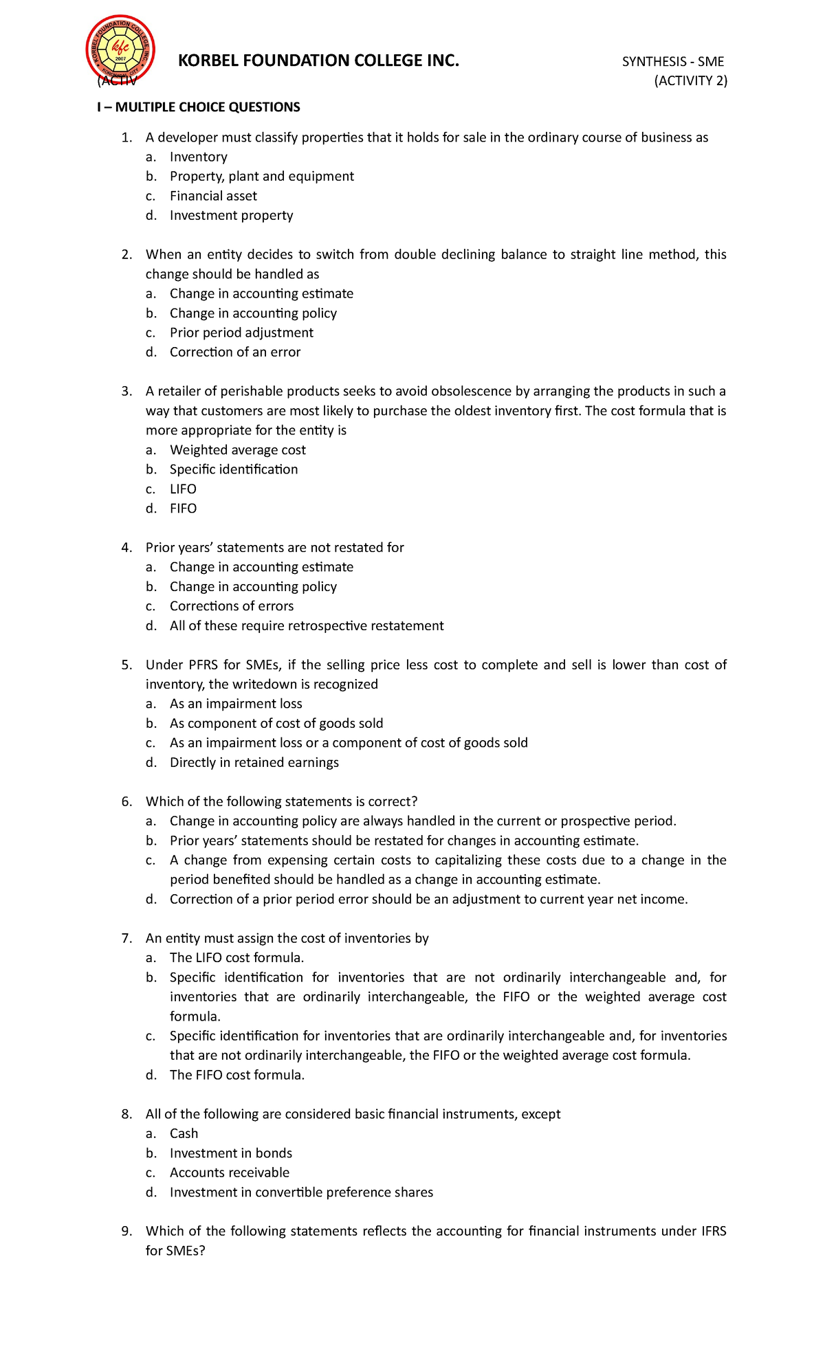 Synth Activity 2 - KORBEL FOUNDATION COLLEGE INC. SYNTHESIS - SME ...