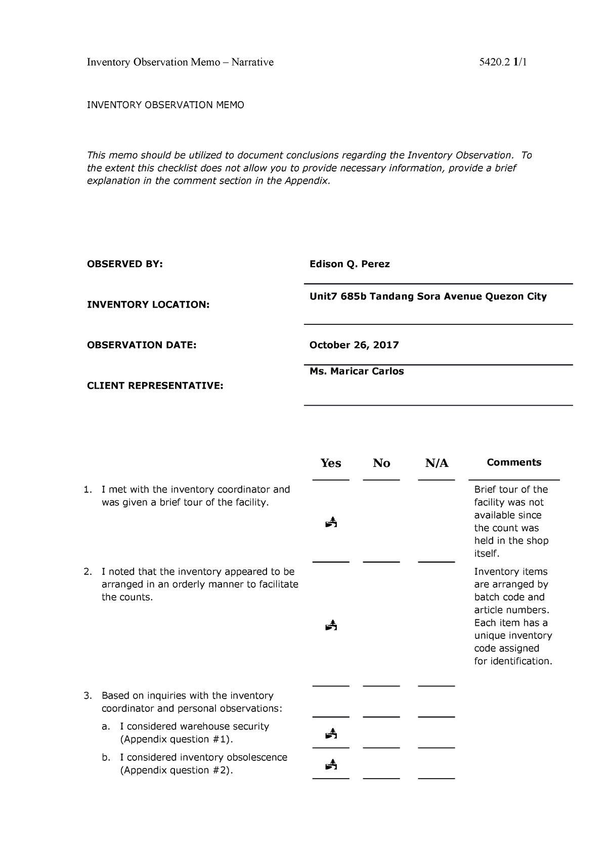 Inventory Observation Memo Inventory Observation Memo Narrative 5420 1 Inventory 3974