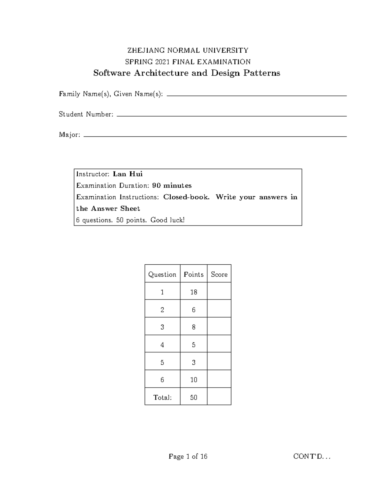 Exam2021spring - Exam of Software Architecture 2022 - ZHEJIANG NORMAL ...